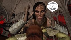3d absurdres bondage breasts brown_hair comic dialogue dreadlocks female_only femdom femsub green_skin large_breasts long_hair muscle_girl orc orc_girl red_hair text the_mad_prince rating:Questionable score:0 user:TheMadPrince