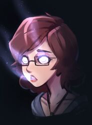 brellom brells_(brellom) brown_hair female_only glasses glowing glowing_eyes lipstick necklace open_mouth original solo tongue rating:safe score: user:bugmenot