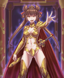 armor armpits aura before_and_after breasts brown_hair cape corruption crown earrings evil_smile femsub gold knee-high_boots leebigtree looking_at_viewer original posing ribbon smile sword thighs twintails yellow_eyes rating:Questionable score:39 user:aodh