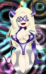 absurdres blonde_hair breasts corruption defeated dialogue eyeshadow female_only femsub happy_trance horns large_breasts long_hair looking_at_viewer lorddandan mask my_hero_academia open_mouth pink_eyes pov pov_dom solo text tongue yu_takeyama rating:Questionable score:52 user:LordDanDan