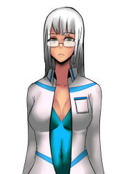 breasts cleavage glasses grey_hair large_breasts long_hair original scientist zxc rating:questionable score: user:thegoodshank