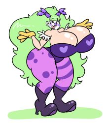 breasts capcom clown clown_girl darkstalkers demon_girl femsub gloves green_hair huge_breasts large_breasts lewdsona long_hair makeup monster_girl morrigan_aensland succubus tongue tongue_out rating:questionable score: user:toxxie