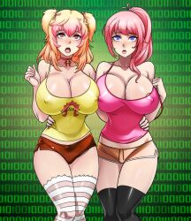 bangs blonde_hair blue_eyes blush breasts choker cleavage collarbone crush_crush crystal_(zko) drool empty_eyes erect_nipples erect_nipples_under_clothes female_only femsub glowing glowing_eyes huge_breasts large_breasts long_hair midriff mio_(crush_crush) multicolored_hair multiple_girls multiple_subs nipples open_mouth original pink_hair ponytail red_eyes shinzu short_hair short_shorts shorts simple_background standing symmetrical_docking tank_top tech_control thighhighs twintails rating:Questionable score:134 user:Tr4pD00r