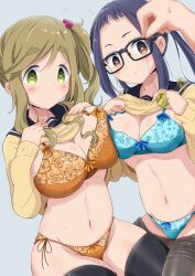 aoi_inuyama blonde_hair blue_hair blush bra breast_press breasts brown_eyes chiaki_ougaki coin femsub glasses green_eyes heart heart_eyes large_breasts ni_tamagoex panties pendulum shirt_lift symbol_in_eyes symmetrical_docking underwear yuru_camp rating:questionable score: user:mattlau04