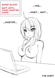 ahoge bottomless breasts computer dialogue empty_eyes erect_nipples expressionless female_only haru_(yakai) hypnotic_screen laptop large_breasts long_hair nude open_mouth original sketch solo standing standing_at_attention tech_control text topless yakai rating:Questionable score:129 user:Yakai