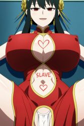 ai_art bare_shoulders black_hair china_dress cleavage cleavage_cutout clothed crotch_cutout earrings empty_eyes erect_nipples erect_nipples_under_clothes female_only femsub hair_ornament huge_breasts jewelry long_hair panties saiminsennou_(generator) simple_background smile solo spread_legs spy_x_family tattoo unfocused_eyes yor_briar rating:Explicit score:41 user:BugmenotEncore