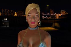 3d bare_shoulders blonde_hair blue_eyes bra breasts cheetha_(grand_theft_auto_v) choker cleavage collar collarbone dreeplyn_(manipper) grand_theft_auto_(series) grand_theft_auto_v large_breasts lipstick looking_at_viewer manip night pink_lipstick screenshot text underwear rating:questionable score: user:dreeplyn