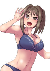  581 bangs bare_shoulders before_and_after blush bra breasts brown_eyes brown_hair cleavage female_only femsub large_breasts open_mouth original panties ponytail simple_background solo sweat tongue underwear white_background  rating:questionable score: user:bugmenotencore