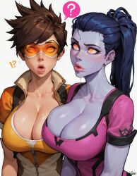  ai_art bimbofication brain_drain breasts brown_hair cleavage drool femsub open_mouth overwatch ponytail purple_hair purple_skin sotaigens spiral_eyes standing tracer visor white_background widowmaker yellow_eyes  rating:questionable score: user:proxy51
