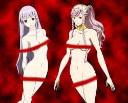 bottomless braid breasts censored choker expressionless fire_emblem fire_emblem_awakening headband julia_(fire_emblem) large_breasts long_hair navel nintendo nude olivia_(fire_emblem) pink_hair ponytail red_eyes sendy1992 standing topless twin_braids white_hair rating:questionable score: user:hypnoguy23