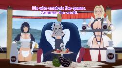 black_hair blonde_hair blue_hair breasts clothed clothed_exposure dialogue dogdog english_text expressionless femsub food glasses maid maid_headdress maledom mask milk multiple_girls multiple_subs naruto_(series) purple_eyes shizune sitting text tray tsunade rating:Explicit score:3 user:Bootyhunter69