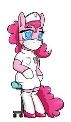  chair dacaoo doctor dress face_mask femsub furry gloves hat heart_eyes high_heels hypnotic_eyes latex my_little_pony nurse pinkie_pie rubber shoes spiral_eyes standing thighhighs uniform white_background  rating:questionable score: user:dr._rarity