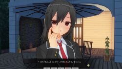 3d absurdres awakening black_hair breasts brown_eyes custom_maid_3d_2 dialogue open_mouth school_uniform swallow774 text tie translated rating:Safe score:3 user:kegmeg