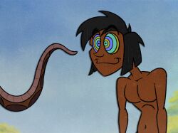  brown_hair disney happy_trance kaa kaa_eyes male_only malesub mowgli short_hair sleepy-foot slouching smile the_jungle_book topless  rating:questionable score: user:hypnorgasm