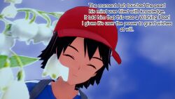 ash_ketchum aware backpack black_hair closed_eyes clothed dialogue male_only mustardsauce outdoors pokemon pokemon_(anime) solo text rating:Safe score:1 user:Bootyhunter69