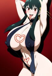 ai_art armpits arms_above_head bikini black_hair blush breasts cameltoe choker earrings empty_eyes erect_nipples erect_nipples_under_clothes female_only femsub gradient_background hair_ornament headband heart heart_tattoo huge_breasts jewelry large_hips looking_at_viewer nipples red_background red_eyes saiminsennou_(generator) simple_background sling_bikini smile solo spy_x_family tattoo thigh_gap tongue tongue_out yor_briar rating:Explicit score:13 user:BugmenotEncore