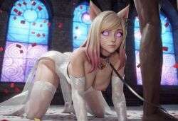 ahri ai_art all_fours blonde_hair collar expressionless femsub fox_ears fox_girl glowing_eyes large_breasts league_of_legends leash nipples rule_of_thetra_(generator) spiral_eyes stable_diffusion_(ai) wedding_dress rating:Explicit score:43 user:R_of_Tetra
