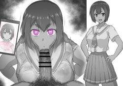  blowjob_face breasts fellatio femsub glowing glowing_eyes greyscale heart heart_eyes hypnotic_app instant_loss izanagi large_breasts looking_at_viewer maledom monochrome open_mouth original penis pink_eyes pubic_hair school_uniform short_hair skirt squatting symbol_in_eyes tan_skin tech_control text translated  rating:explicit score: user:disastermaster55