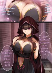 breasts brown_hair card charm_(spell) cleavage dialogue female_only femdom hard_translated heart hypnotic_breasts large_breasts mind_break nail_polish navel nisemono pink_eyes pov_sub robe seductive_smile text translated rating:Safe score:42 user:Bezerker