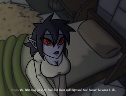 bed bedroom black_hair blue_skin breasts brelyna_maryon clothed dark_elf dialogue elf elf_ears freemindstuff large_breasts nightgown red_eyes red_sclera sitting the_elder_scrolls the_elder_scrolls_v rating:Questionable score:52 user:Freemindstff