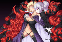 abs biting blood breasts cape cleavage elf_ears eye_roll femdom midriff panties red_eyes silk tentacles thighhighs underwear vampire yuri rating:Questionable score:38 user:T323