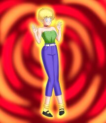 bare_shoulders blonde_hair blue_eyes bluebullpen breasts dragon_ball earrings erasa expressionless female_only femsub hypnotic_accessory jewelry large_breasts short_hair symbol_in_eyes rating:Questionable score:53 user:daveyboysmith9