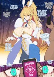 arm_warmers artoria_pendragon artoria_pendragon_(lancer) ass aware blonde_hair blue_eyes breasts bunny_ears bunny_girl bunnysuit cleavage comic cuffs fate/grand_order fate_(series) femsub hairband hard_translated huge_breasts hypnotic_app instant_loss large_ass milf ponytail spiral_eyes sweat symbol_in_eyes tech_control text tights translated very_long_hair yanje rating:Explicit score:86 user:Disastermaster55