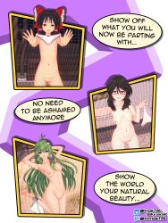 3d ahoge armpits arms_above_head arms_behind_back brown_eyes brown_hair collarbone crossover eyebrows_visible_through_hair feet fefreak female_only femsub glasses green_hair hair_clips hair_ribbon hairpin happy_trance koikatsu! legs legs_up long_hair looking_at_viewer multiple_girls multiple_subs navel nipples nude outdoors panties pussy reimu_hakurei ribbon sanae_kochiya small_breasts smile spiral_background sumireko_usami text touhou undressing rating:Explicit score:37 user:wokeat4am