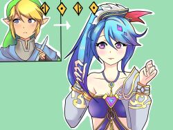  bare_shoulders blue_hair elf_ears femsub happy_trance hypnotic_audio hypnotic_music hyrule_warriors lana_(zelda) link long_hair maledom nintendo ponytail possession purple_eyes roiner-rinku simple_background smile the_legend_of_zelda wind_waker  rating:safe score: user:grandmaster37