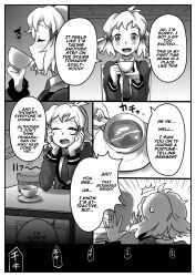  581 blush clothed comic dialogue drinking embarrassed femsub greyscale hair_ornament heterosexual hibiki_tachibana hokan185 hypnotic_drug open_mouth school_uniform senki_zesshou_symphogear short_hair smile speech_bubble text tie tongue  rating:safe score: user:granddad