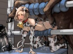 ahegao all_fours bestiality blonde_hair blush breasts choker cow_boy cowbell erect_nipples femsub furry gloves happy_trance invertoalbedo lactation milking milking_machine open_mouth original ring_eyes sex size_difference sweet_josephine thighhighs thighs tongue tongue_out underwear yellow_eyes rating:explicit score: user:rapidpop