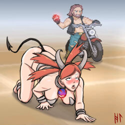 all_fours biker_(pokemon) bikini_bottom blush breasts collar flannery hanging_breasts horns houndoom hypnolion hypnotic_accessory nintendo open_mouth pet_play pokeball pokemon pokemon_black_and_white pokemon_ruby_sapphire_and_emerald red_hair tech_control top-down_bottom-up rating:Questionable score:135 user:Hypnolion