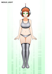 absurdres angie_(supertechno324) antenna bikini female_only fembot femsub happy_trance headphones hypnotic_accessory latex nexus_light original robotization short_hair smile spiral_eyes symbol_in_eyes tech_control thighhighs western rating:Questionable score:67 user:SuperTechno324