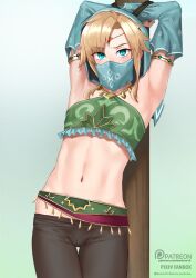 androgynous armpits blonde_hair blue_eyes bondage breath_of_the_wild bulge clothed crossdressing gerudo harem_outfit ikemeru jewelry leggings link long_hair looking_at_viewer male_only malesub midriff navel nintendo pov rope solo the_legend_of_zelda tights trap veil rating:Questionable score:40 user:Diplo_Song