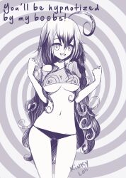 ahoge breasts cameltoe curly_hair femdom greyscale hypno-tan hypnotic_breasts kinkyloli large_breasts looking_at_viewer midriff monochrome navel open_mouth original panties pov pov_sub sketch smile spiral text underwear very_long_hair rating:safe score: user:kinkyloli