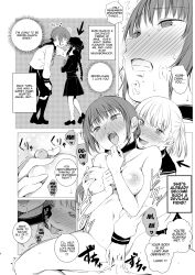 absurdres age_difference bottomless bra breasts collar comic empty_eyes female_only femsub greyscale groping hard_translated harumachi_tsurara kissing licking long_hair monochrome nude panties shichoson short_hair text topless translated underwear yuri rating:Explicit score:12 user:L12@