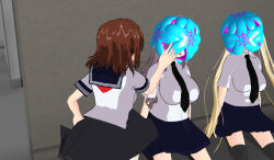 3d 3d_custom_girl blonde_hair brown_hair femsub grey_hair kneeling long_hair multiple_girls original parasite school_uniform rating:Questionable score:7 user:Sleepyhead97