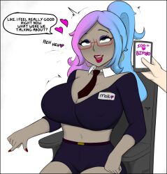 abarus bimbofication blue_hair blush breasts crop_top drunk_trap_(colorist) earrings femsub glasses happy_trance jewelry large_breasts lipstick multicolored_hair office_lady phone pink_hair short_shorts tech_control text tie rating:Questionable score:171 user:Drunk_Trap