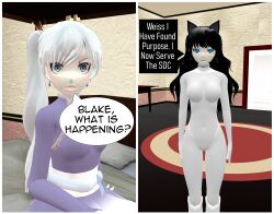 3d absurdres blake_belladonna blue_eyes cat_ears cat_girl collar comic femsub graybot hypnotic_accessory rwby tech_control tepmarmy text weiss_schnee rating:Questionable score:13 user:BlueMonday1984