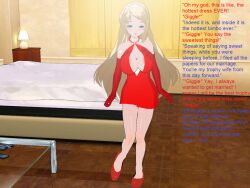 3d 3d_custom_girl bare_legs bed bimbofication blonde_hair blue_eyes brain_drain breasts cleavage dress femsub gloves henshin-san high_heels large_breasts long_hair opera_gloves text rating:Questionable score:13 user:RayX