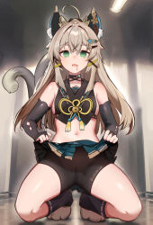 bare_shoulders before_and_after bridal_gauntlets brown_hair cat_ears cat_girl cat_tail empty_eyes femsub genshin_impact gloves green_eyes hairpin kirara_(genshin_impact) kneeling navel open_mouth skirt skirt_lift tagme torn_clothes ushiko先生 rating:Questionable score:81 user:way2mnki