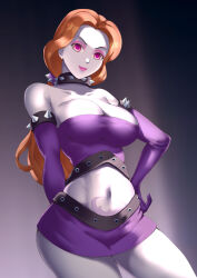 beauty_and_the_beast belle breasts cleavage collar corruption disney gloves haryudanto large_breasts long_hair midriff miniskirt navel opera_gloves pale_skin pink_eyes ponytail princess red_hair rock_of_succubus skirt smile studded_collar tattoo rating:Questionable score:61 user:DragonRager123