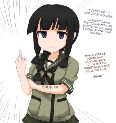 black_hair body_writing braid empty_eyes expressionless female_only femsub humor kantai_collection kitakami_(kantai_collection) long_hair manip middle_finger military_uniform ogitsune personification pompom_(manipper) purple_eyes text rating:Questionable score:30 user:PomPom