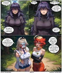 ai_art blonde_hair devianbar dialogue eri_(pokemon) hex_maniac large_breasts long_hair mela_(pokemon) nintendo pokemon purple_hair red_hair short_hair team_hypno team_star text rating:Questionable score:2 user:Proyecto38