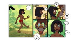 banana barefoot before_and_after black_hair comic dark_skin disney hungrykaa hypnotic_eyes kaa kaa_eyes male_only maledom malesub mowgli open_mouth singing snake the_jungle_book topless yaoi rating:Safe score:44 user:hungrykaa