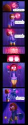 absurdres androgynous bow_tie brown_hair bulge comic dialogue floating frisk_(undertale) gloves glowing_eyes hat heart hypnotic_orb leotard madjick_(undertale) magic magic_wand magician malesub orb pstash purple_background purple_eyes ring_eyes short_shorts spiral_background text thighhighs undertale rating:Questionable score:179 user:Blitz_Habanera