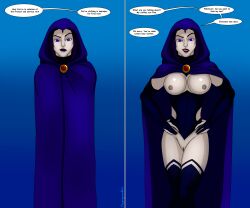 absurdres before_and_after bottomless breasts dc_comics dialogue empty_eyes female_only femsub gloves grey_skin hood megaguardain open_mouth opera_gloves purple_hair raven short_hair super_hero teen_titans text thighhighs unaware western rating:Explicit score:94 user:Megaguardain