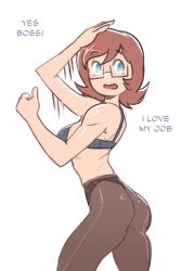 brellom brells_(brellom) brown_hair femsub forced_employee happy_trance original pantyhose short_hair smile spiral_eyes symbol_in_eyes text rating:explicit score: user:cross