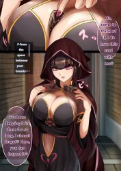 breasts brown_hair card charm_(spell) cleavage dialogue female_only femdom hard_translated heart hypnotic_breasts large_breasts mind_break nail_polish navel nisemono pink_eyes pov_sub robe seductive_smile text translated rating:Safe score:32 user:Bezerker