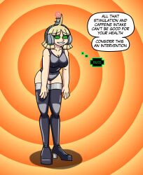 absurdres ahoge antenna awake-san blonde_hair dazed erect_nipples fembot femsub happy_trance headphones hypnotic_accessory latex maledom original robot robotization short_hair smile spiral_eyes straight-cut_bangs supertechno324 symbol_in_eyes tech_control text thighhighs western rating:Safe score:36 user:SuperTechno324